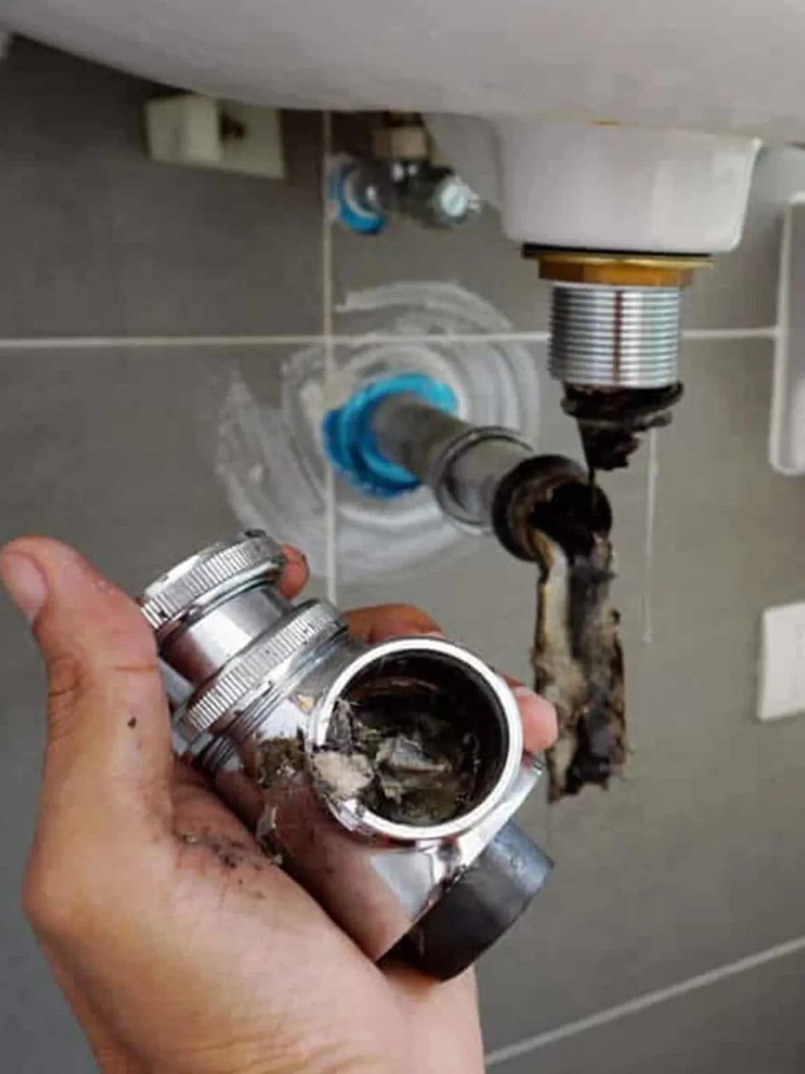 Chrome sink trap taken off and held up under a basin, with hair and grease packed inside it and hanging from the waste