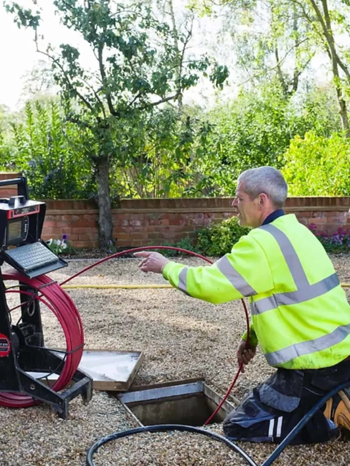 Engineer watching the live CCTV picture from a drain camera beside an open chamber