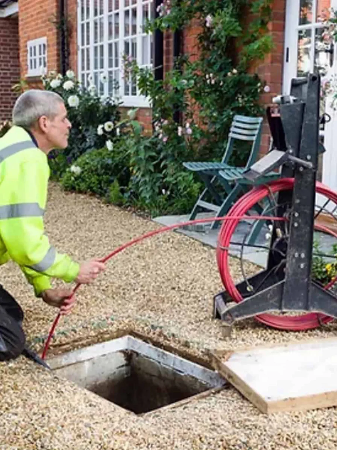 Engineer in a hi-vis jacket kneeling on a gravel drive and feeding a hose into an open inspection chamber outside a house