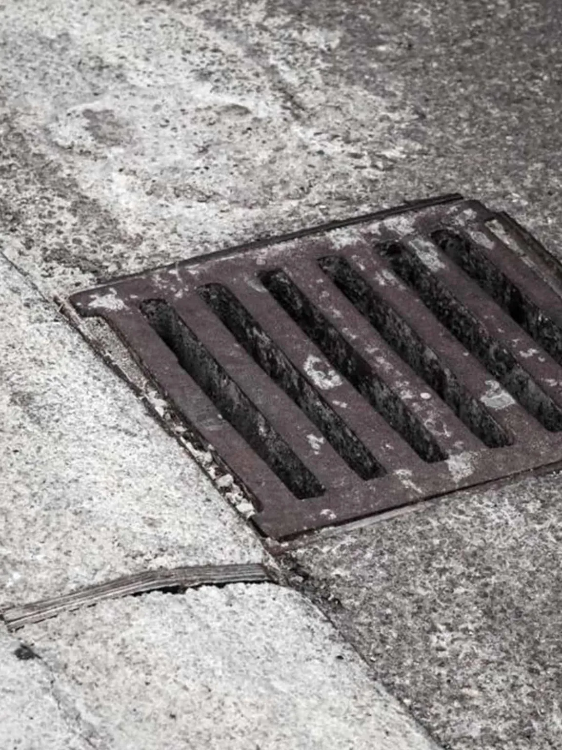 Cast-iron gully grate set into a concrete yard