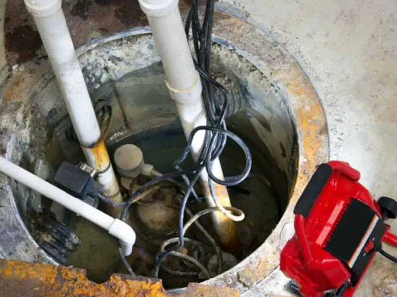 Open wet well of a small pumping station showing the pumps, float cables and pipework