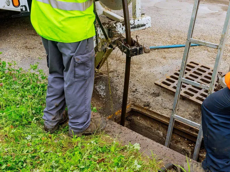 High-pressure jetting hose being fed into a drain in Derby DE21