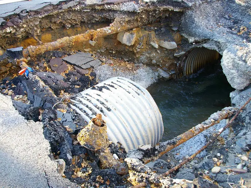 Collapsed road surface exposing a corrugated metal culvert pipe with water flowing through it, Derby DE1