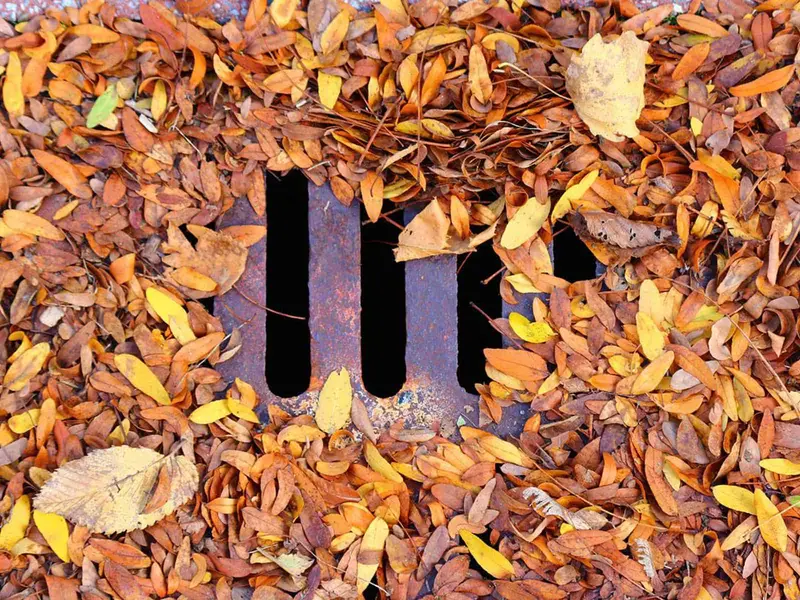 Road gully grate almost buried under fallen autumn leaves