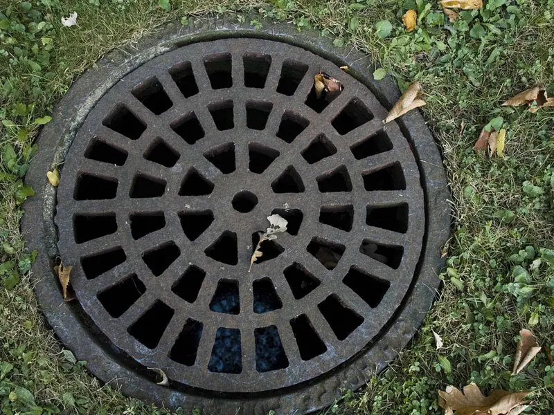 Round cast-iron drain grate set in grass, with a few fallen leaves on it